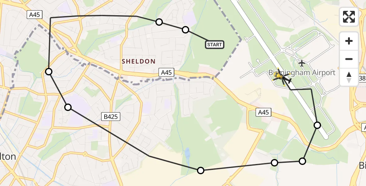 Flight route Police Helicopter Birmingham Airport - Birmingham Airport, 13 March 2026, 00:44