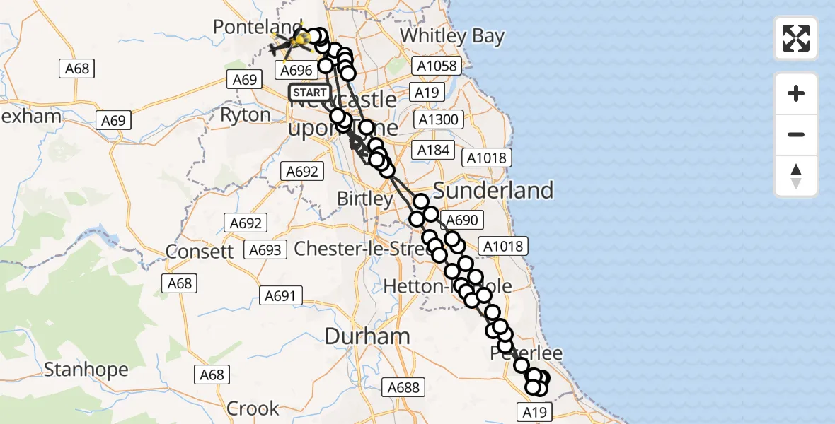 Routekaart van de vlucht: Police Helicopter to Newcastle International Airport
