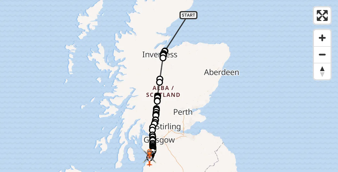 Flight path map showing Coastguard Helicopter route from North Sea to Glasgow Prestwick Airport