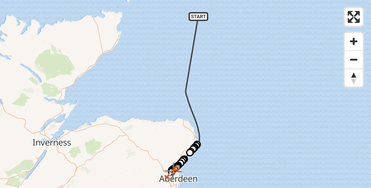 Flight path map showing Coastguard Helicopter route from North Sea to Aberdeen International Airport