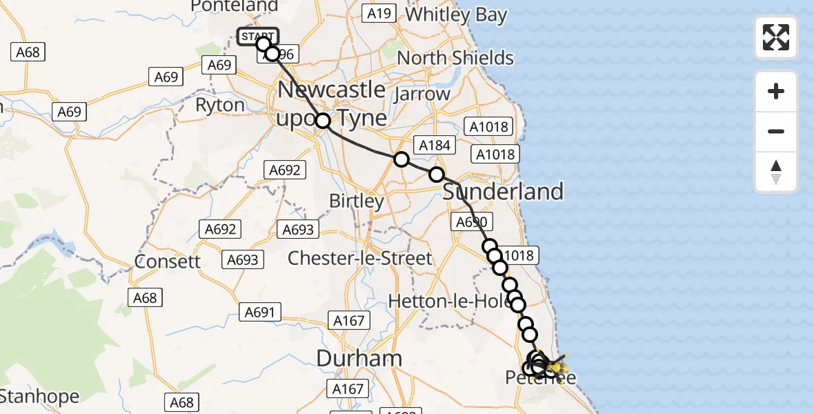 Flight path map showing Police Helicopter route from Callerton to Horden