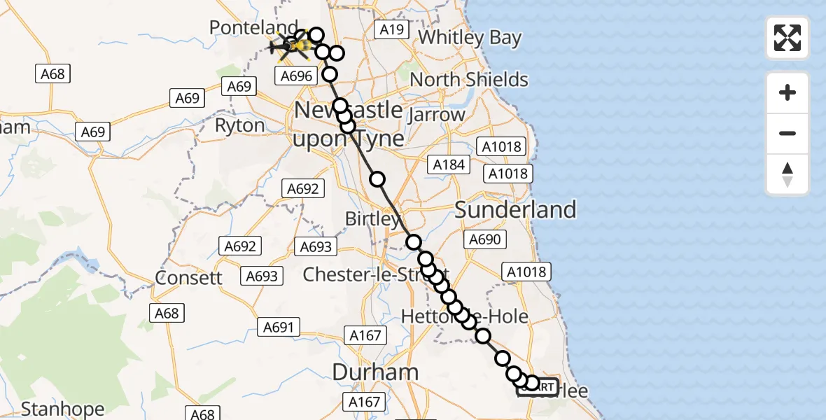 Routekaart van de vlucht: Police Helicopter to Newcastle International Airport