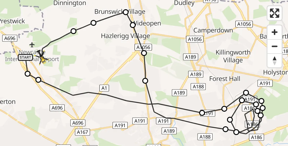 Flight path map showing Police Helicopter route from Newcastle International Airport to Newcastle upon Tyne