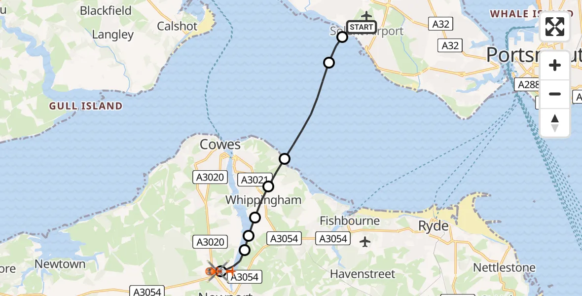 Flight path map showing Coastguard Helicopter route from Solent Airport to St Marys Hospital Isle Of Wight