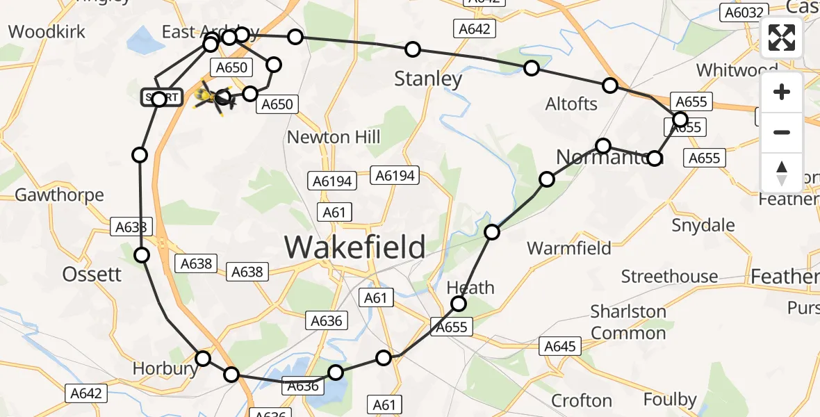 Flight path map showing Police Helicopter route from East Ardsley to East Ardsley