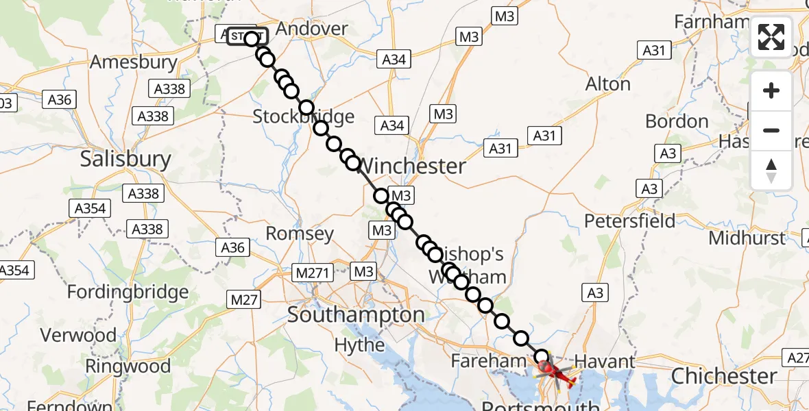 Flight path map showing Air Ambulance Helicopter route from Thruxton to Portsmouth