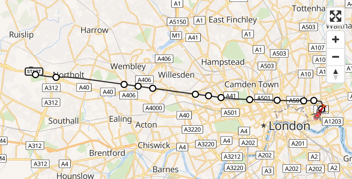 Flight path map showing Air Ambulance Helicopter route from RAF Northolt to Royal London Hospital