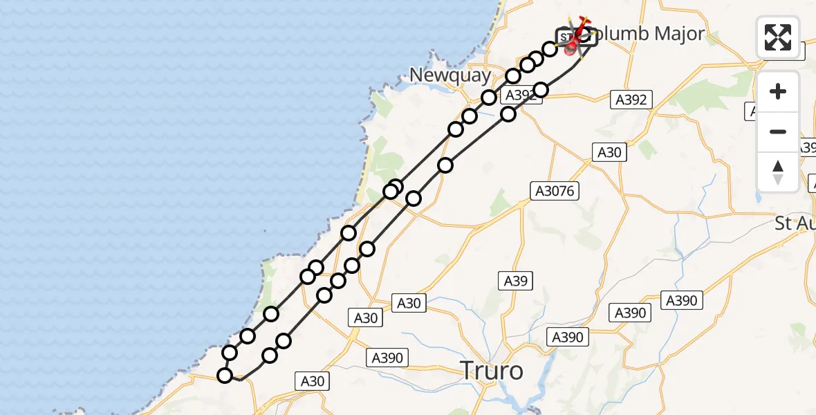 Flight path map showing Air Ambulance Helicopter route from Cornwall Airport Newquay to Cornwall Airport Newquay