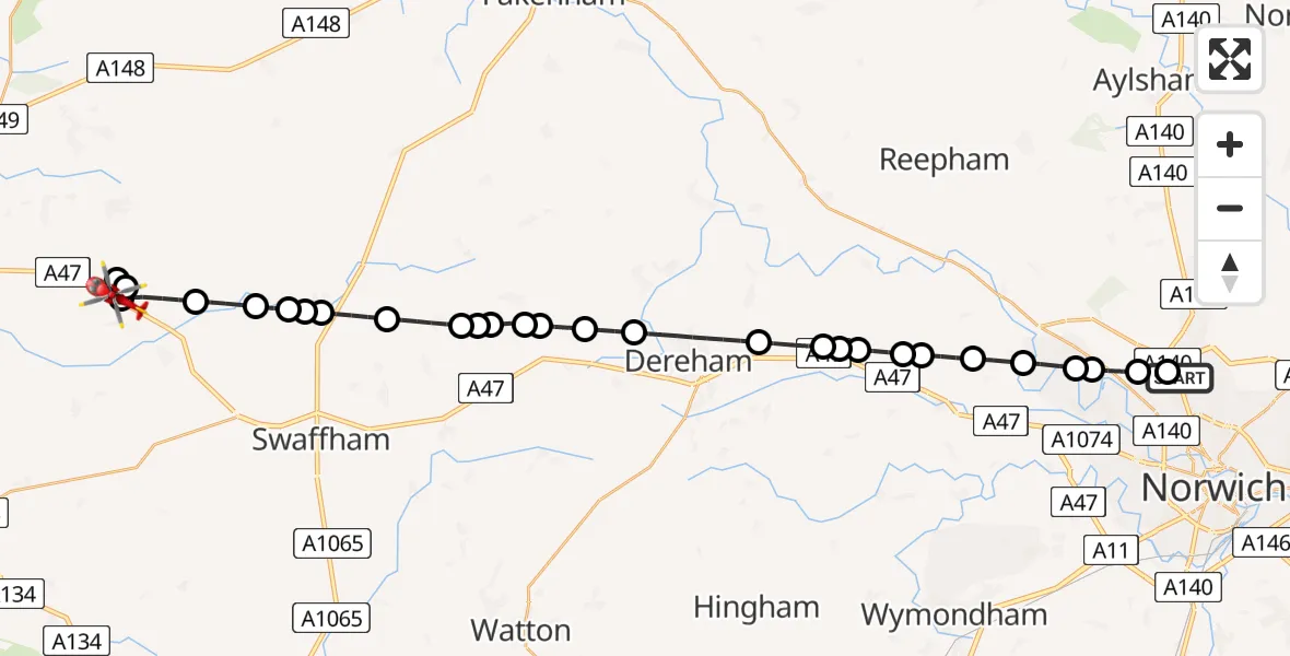 Flight path map showing Air Ambulance Helicopter route from Norwich Airport to West Bilney