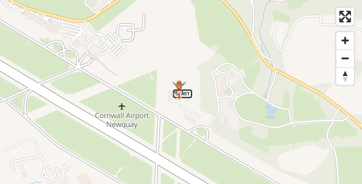 Flight path map showing Coastguard Helicopter route from Cornwall Airport Newquay to Cornwall Airport Newquay