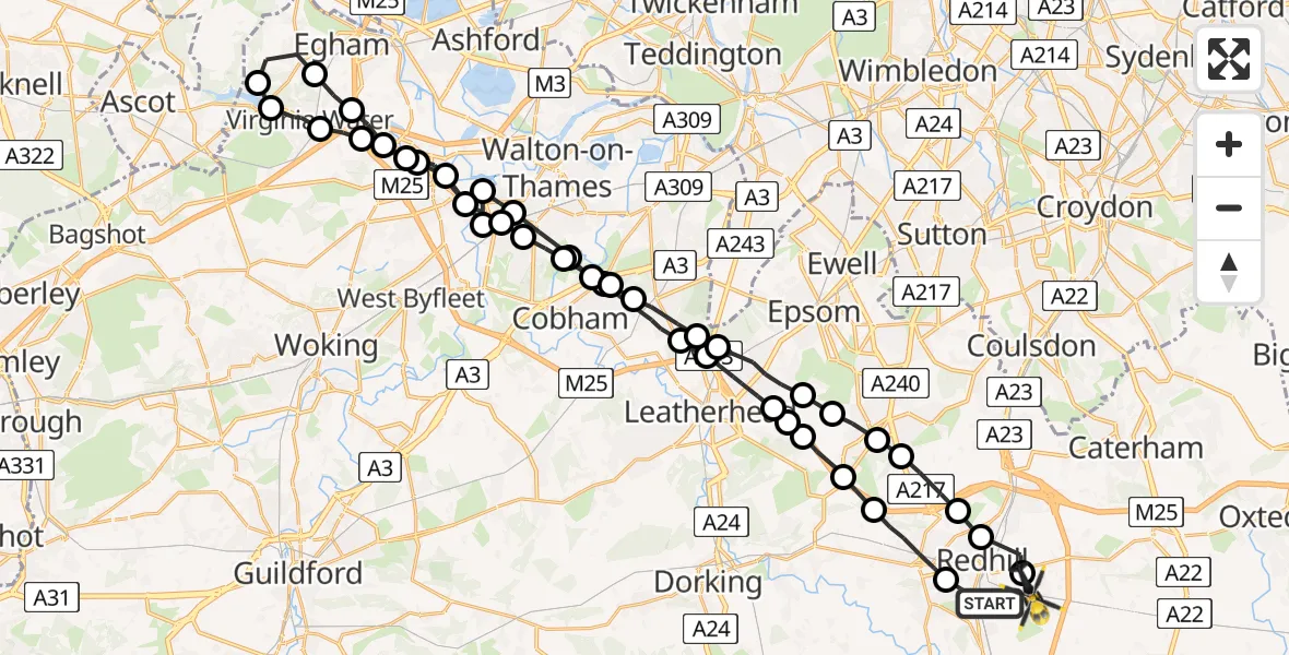 Flight path map showing Police Helicopter route from Redhill to South Nutfield