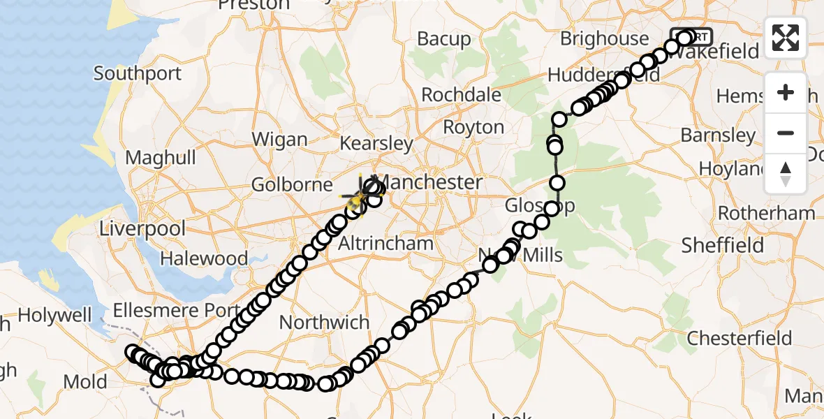 Flight path map showing Police Helicopter route from East Ardsley to Irlam