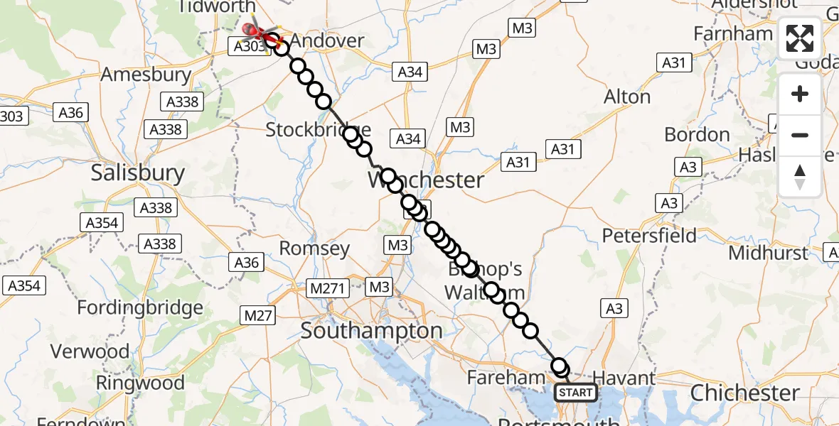 Flight path map showing Air Ambulance Helicopter route from Portsmouth to Thruxton