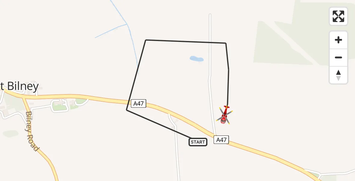Flight path map showing Air Ambulance Helicopter route from West Bilney to West Bilney