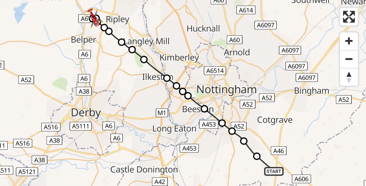 Flight path map showing Air Ambulance Helicopter route from Widmerpool to Nether Heage