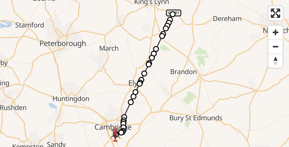 Flight path map showing Air Ambulance Helicopter route from West Bilney to Papworth Hospital