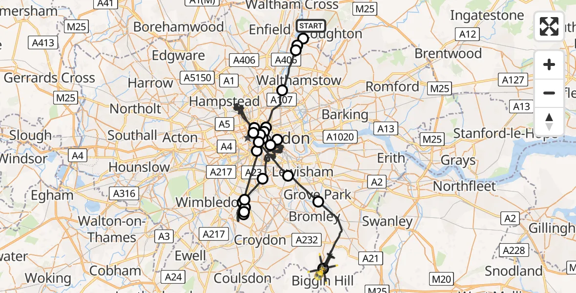 Flight path map showing Police Helicopter route from Sewardstonebury to London Biggin Hill Airport