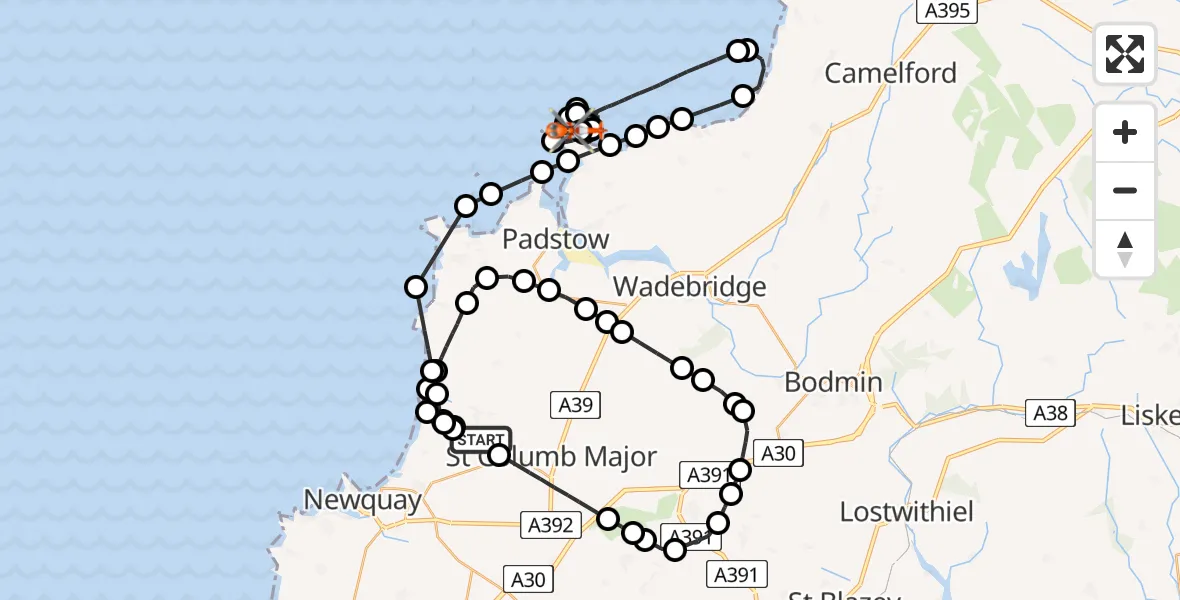 Flight path map showing Coastguard Helicopter route from Cornwall Airport Newquay to New Polzeath