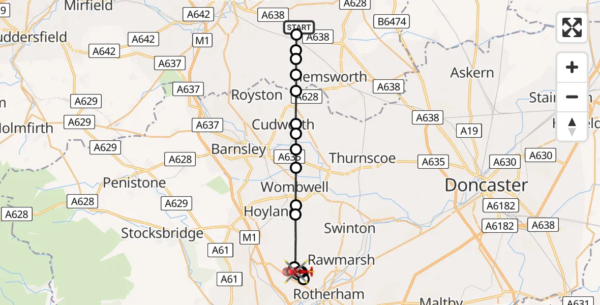 Flight path map showing Air Ambulance Helicopter route from YAA Nostell Helicopter Port to Rotherham