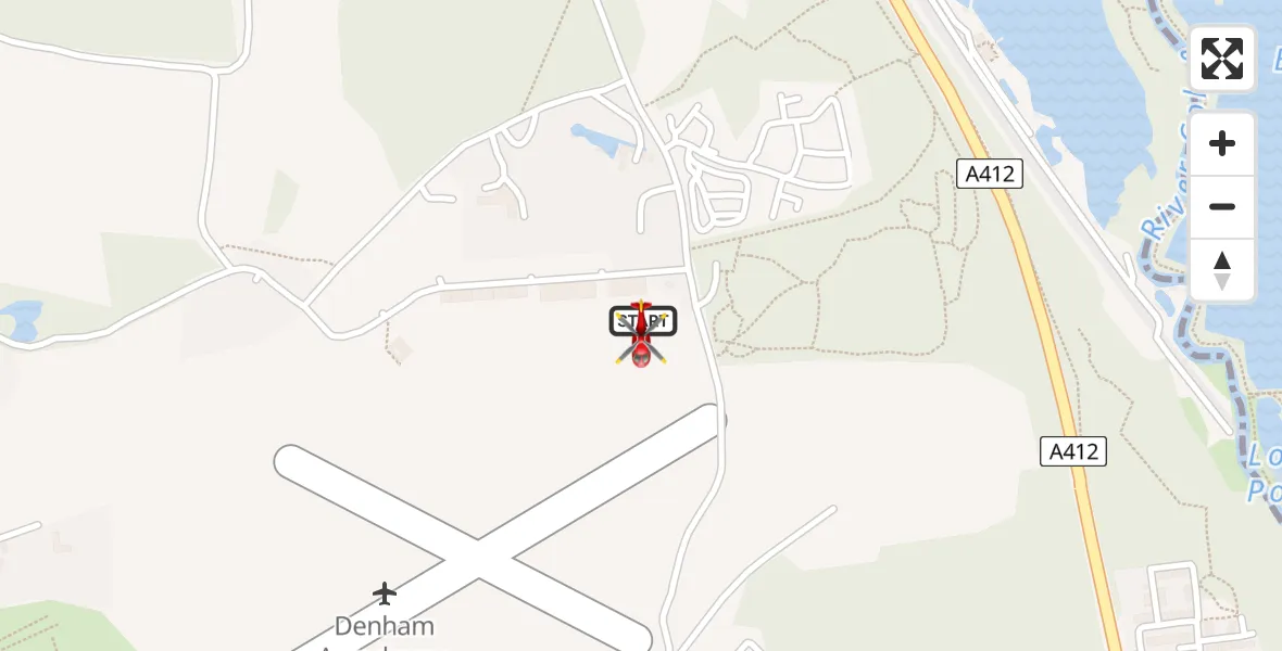 Flight path map showing Air Ambulance Helicopter route from Denham Aerodrome to Denham Aerodrome