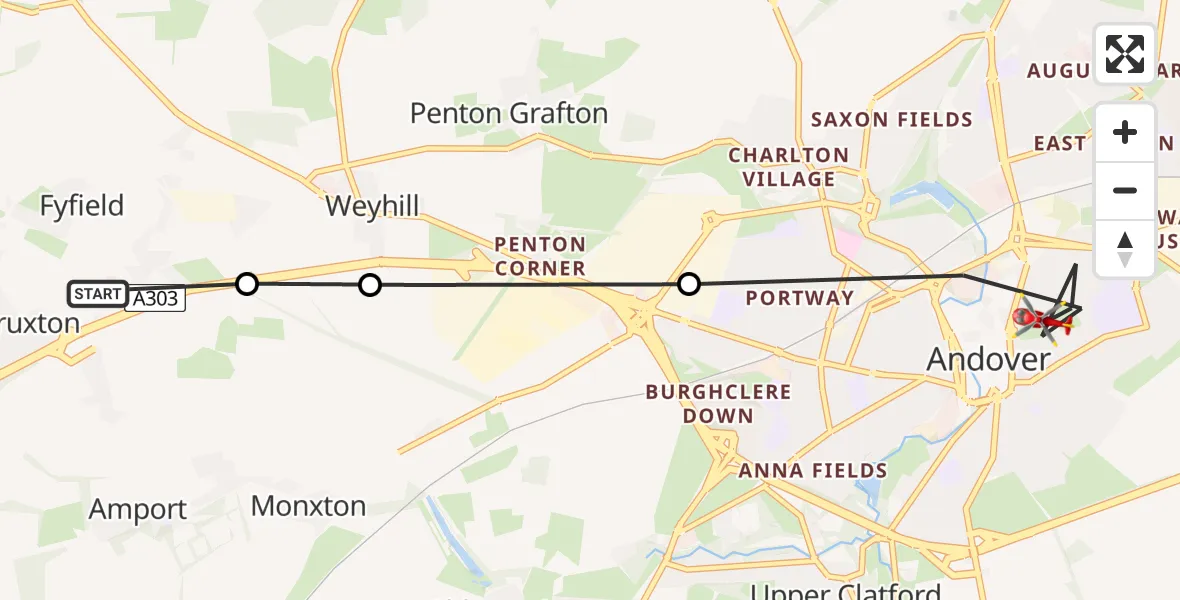 Flight path map showing Air Ambulance Helicopter route from Fyfield to Andover