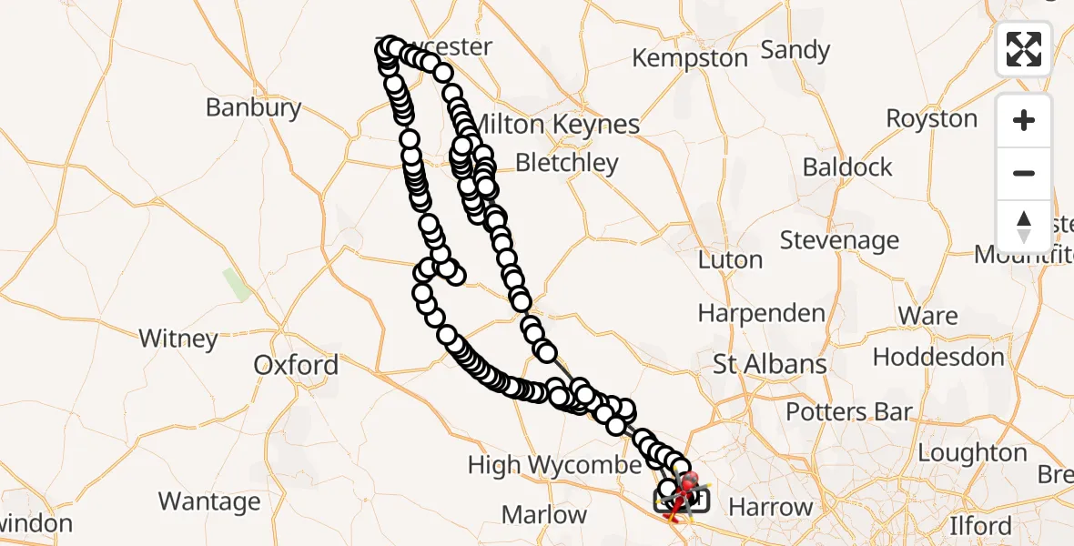 Flight path map showing Air Ambulance Helicopter route from Denham Aerodrome to Denham Aerodrome