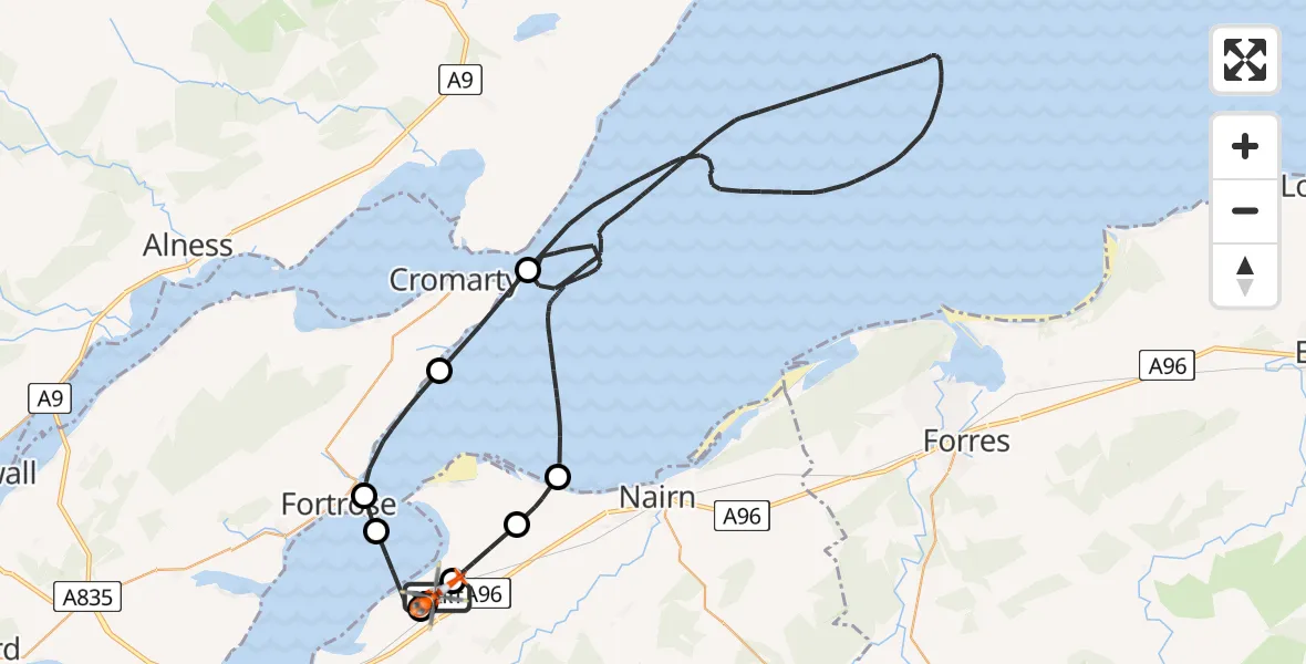 Flight path map showing Coastguard Helicopter route from Inverness Airport to Inverness Airport