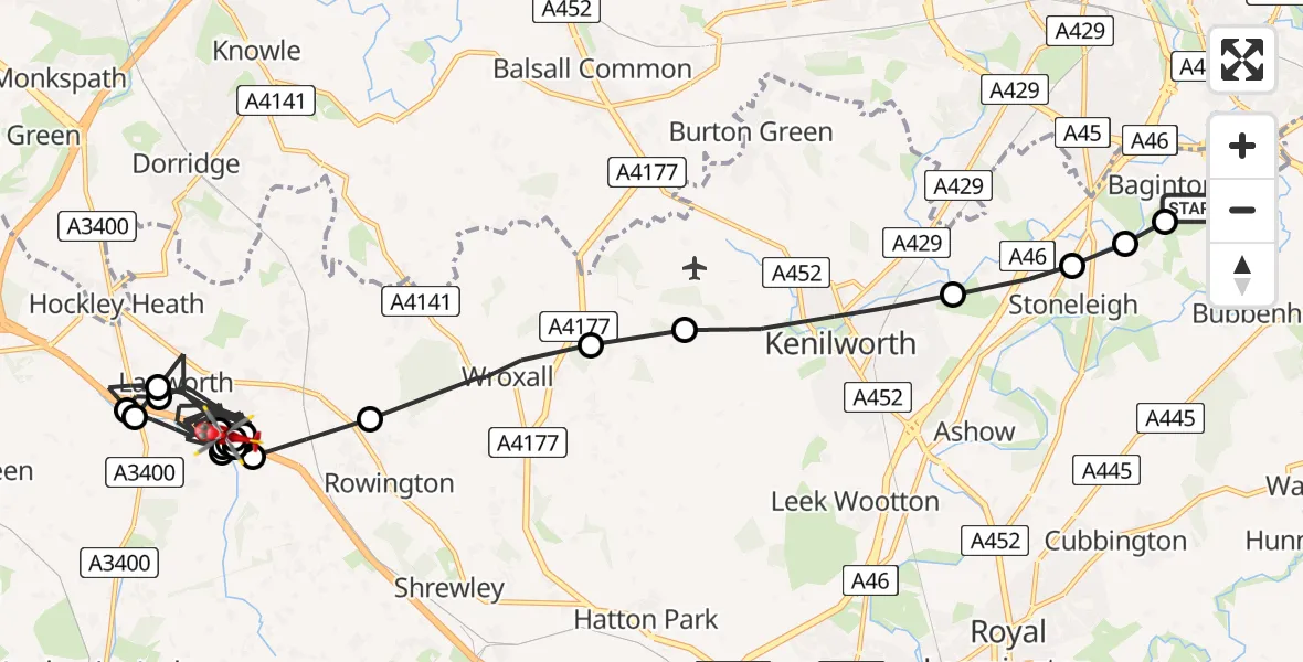 Flight path map showing Air Ambulance Helicopter route from Coventry Airport to Lapworth