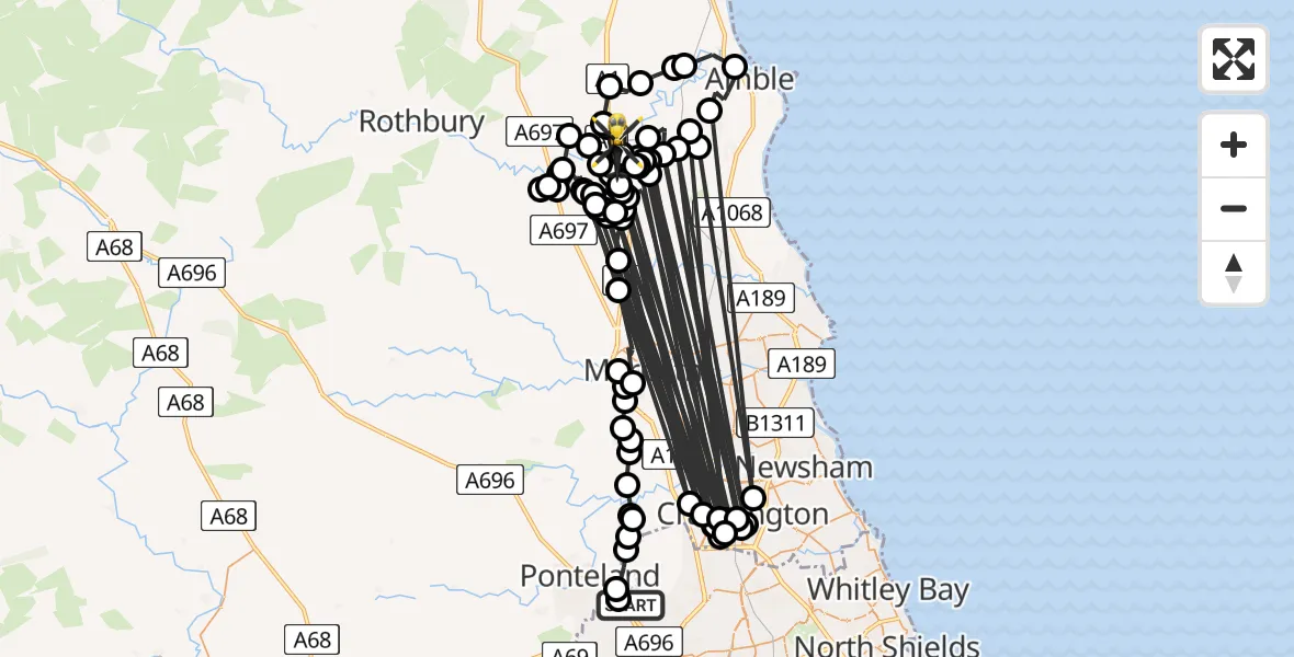 Flight path map showing Police Helicopter route from Newcastle International Airport to Felton