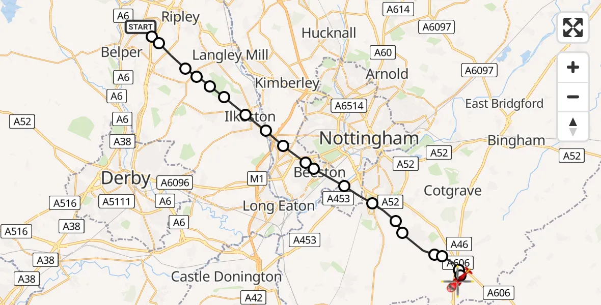 Flight path map showing Air Ambulance Helicopter route from Heage to Nottingham Heliport