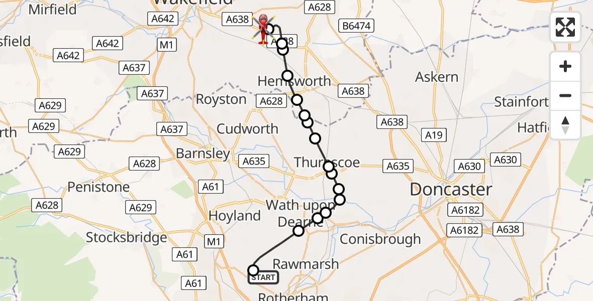 Flight path map showing Air Ambulance Helicopter route from Rotherham to YAA Nostell Helicopter Port