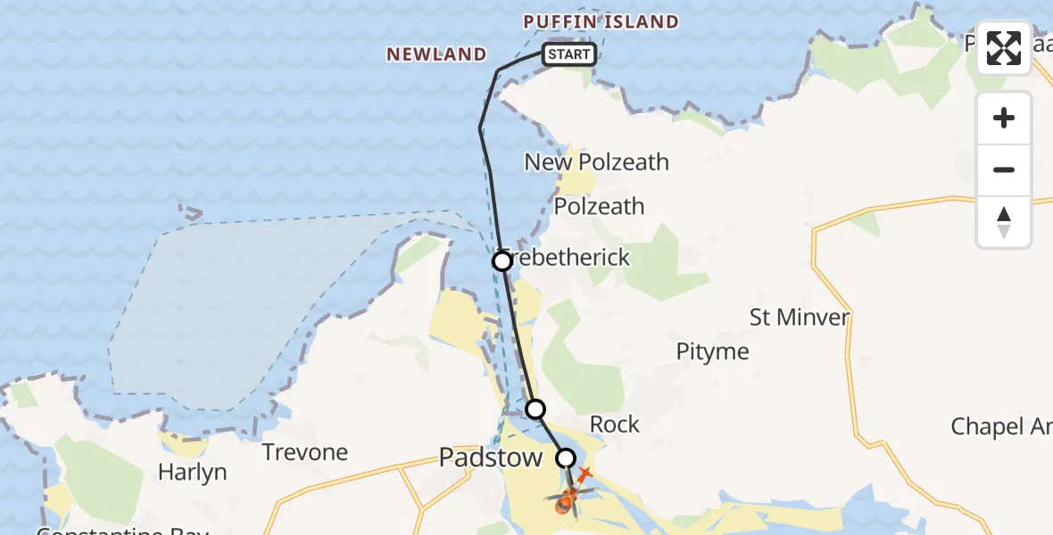 Flight path map showing Coastguard Helicopter route from New Polzeath to St. Issey