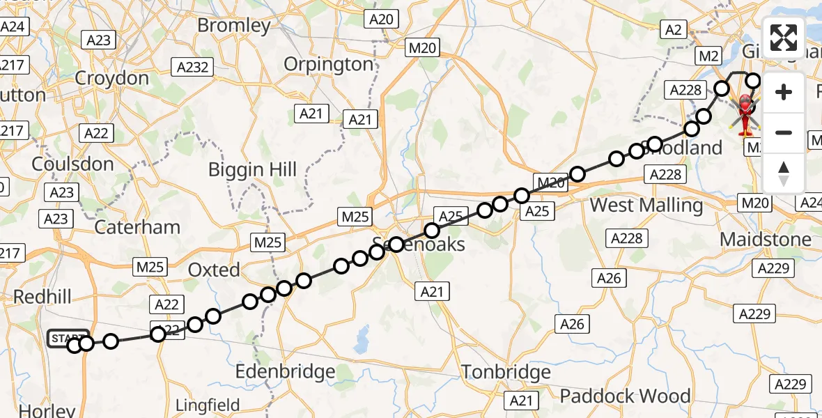 Flight path map showing Air Ambulance Helicopter route from Redhill Aerodrome to Rochester Airport