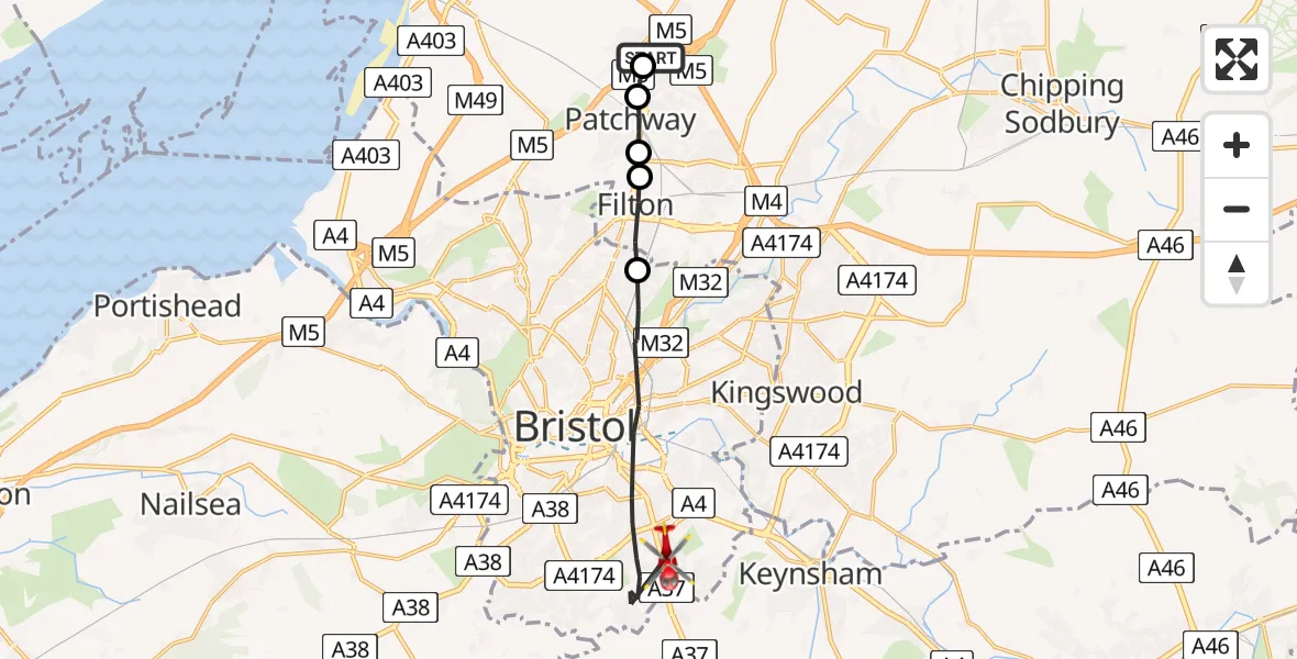 Flight path map showing Air Ambulance Helicopter route from Almondsbury Helicopter Base to Bristol