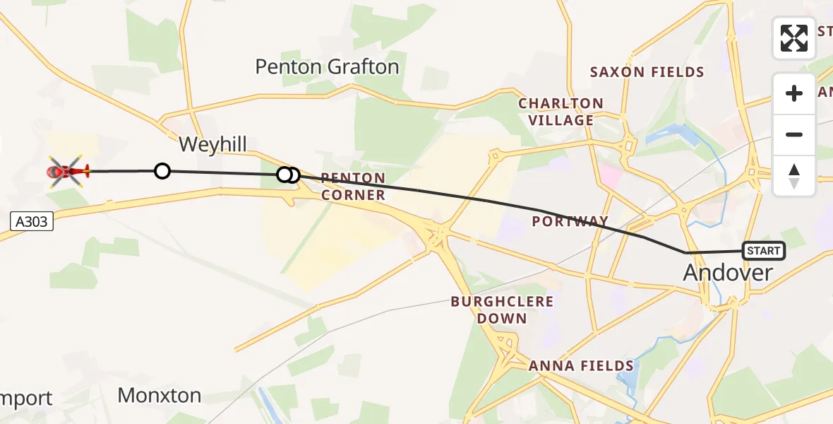Flight path map showing Air Ambulance Helicopter route from Andover to Fyfield