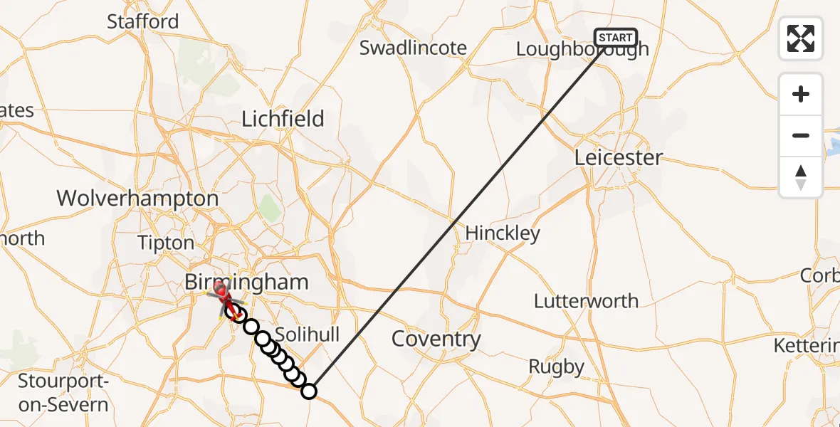 Flight path map showing Air Ambulance Helicopter route from Walton on the Wolds to Metchley
