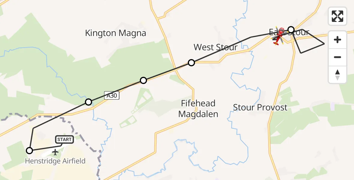 Flight path map showing Air Ambulance Helicopter route from Henstridge Airfield to East Stour