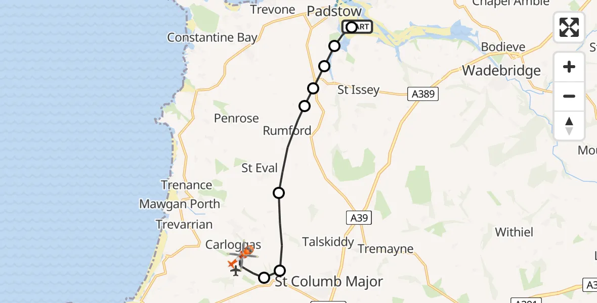 Flight path map showing Coastguard Helicopter route from St. Issey to Cornwall Airport Newquay