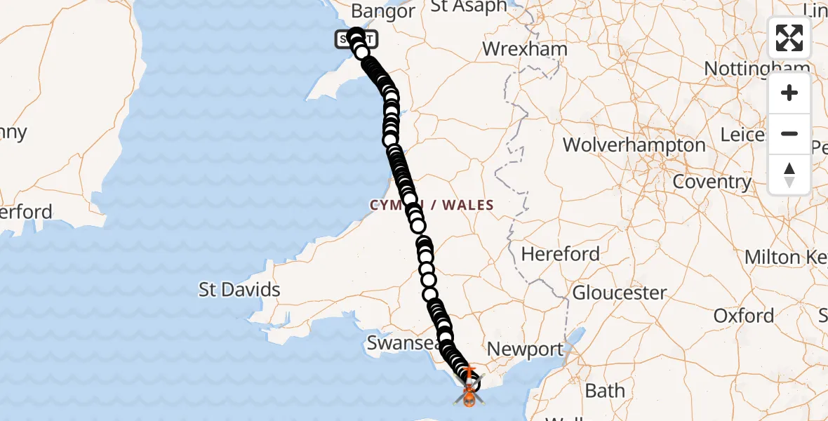 Flight path map showing Coastguard Helicopter route from Caernarfon Airport to MOD St Athan