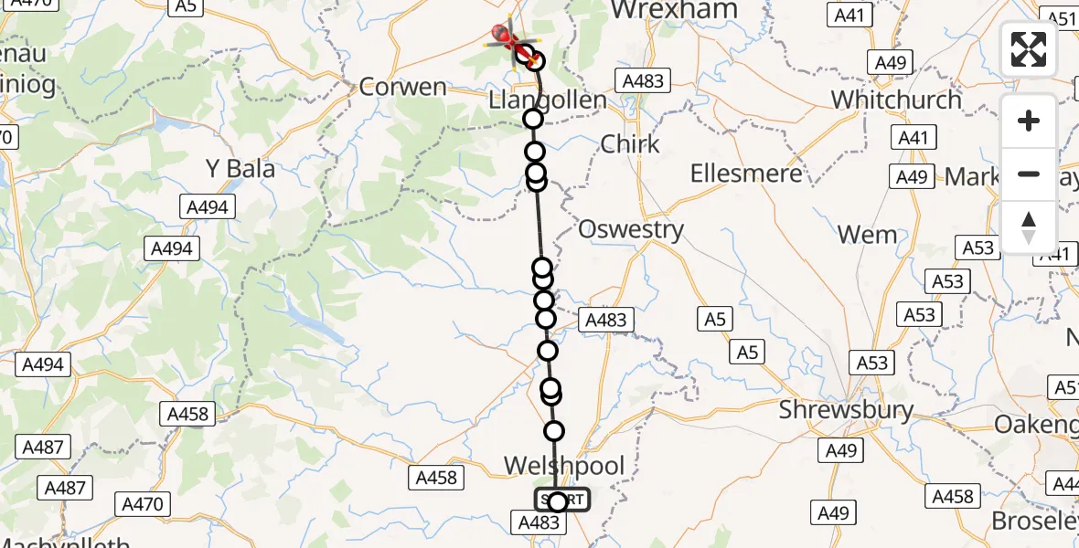 Flight path map showing Air Ambulance Helicopter route from Welshpool Airport to Llandynan
