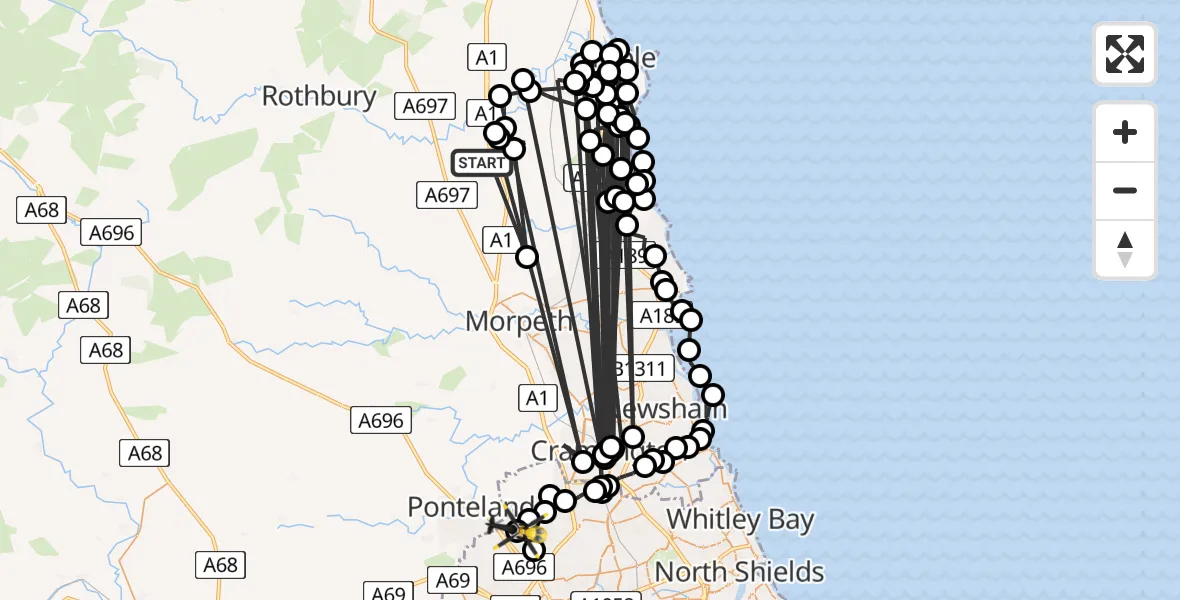 Flight path map showing Police Helicopter route from Thirston to Newcastle International Airport