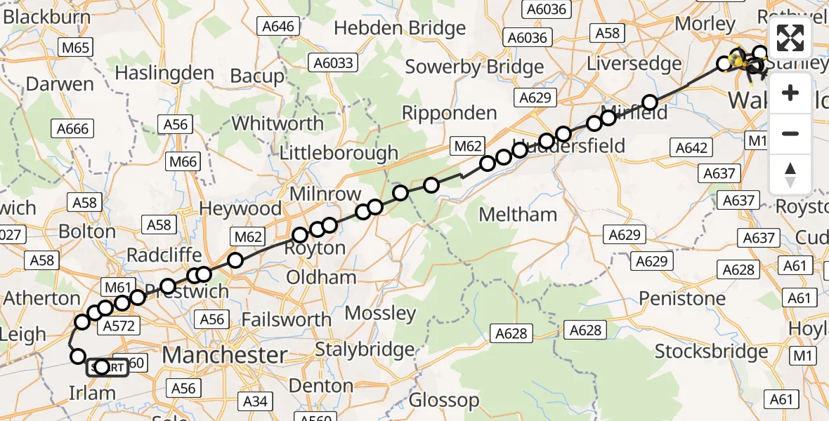 Flight path map showing Police Helicopter route from Manchester Barton Aerodrome to East Ardsley