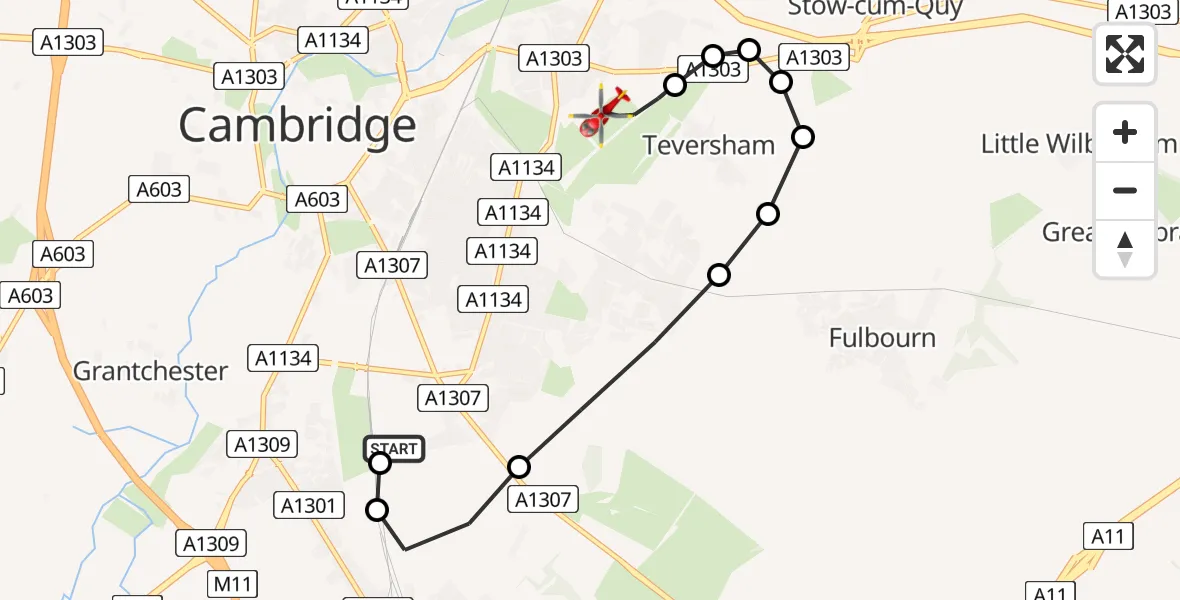 Routekaart van de vlucht: Air Ambulance Helicopter to Cambridge City Airport