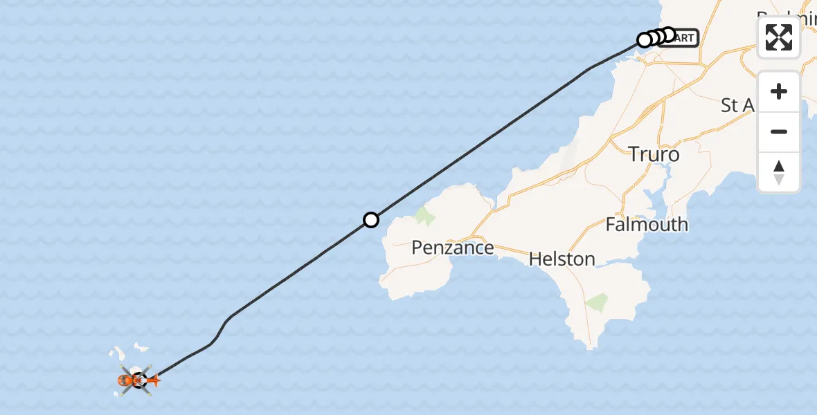 Flight path map showing Coastguard Helicopter route from Cornwall Airport Newquay to St. Mary's Airport