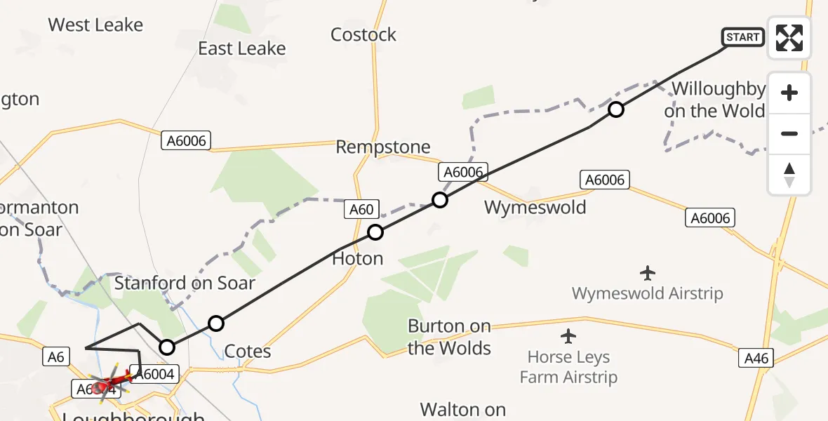 Flight path map showing Air Ambulance Helicopter route from Willoughby on the Wolds to Loughborough
