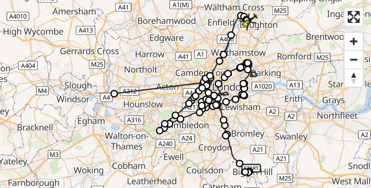 Flight path map showing Police Helicopter route from London Biggin Hill Airport to Sewardstonebury