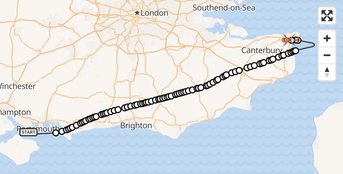 Flight path map showing Coastguard Helicopter route from English Channel to Manston Airport