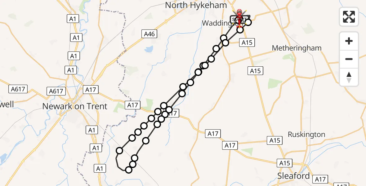 Flight path map showing Air Ambulance Helicopter route from RAF Waddington to North Kesteven