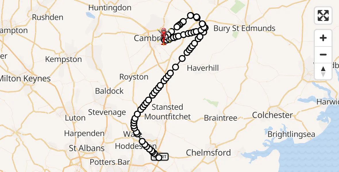 Flight path map showing Air Ambulance Helicopter route from North Weald Airfield to Cambridge City Airport
