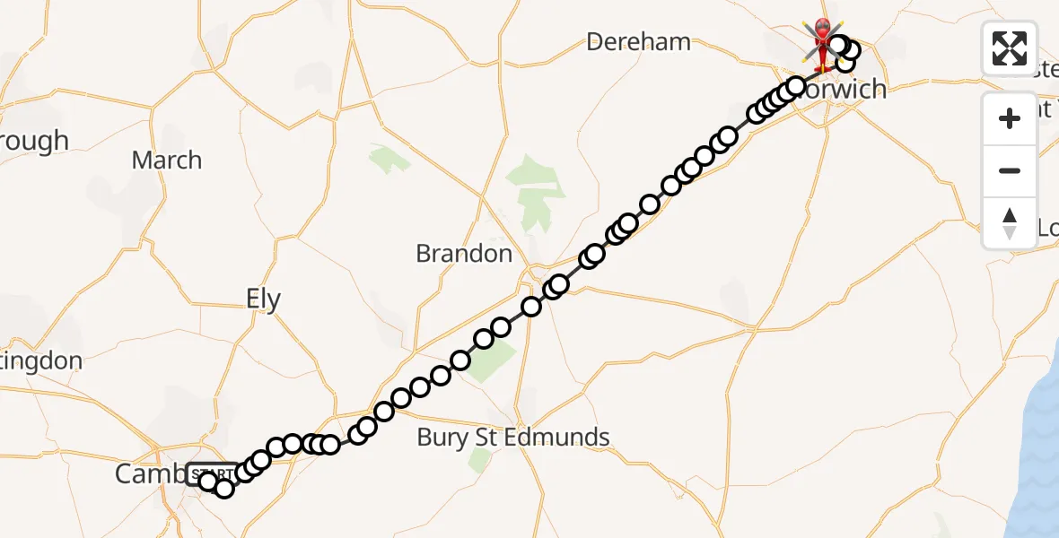 Flight path map showing Air Ambulance Helicopter route from Cambridge City Airport to Norwich Airport